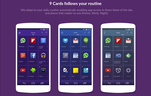 9 Cards Home Launcher, le applicazioni sotto forma di schede