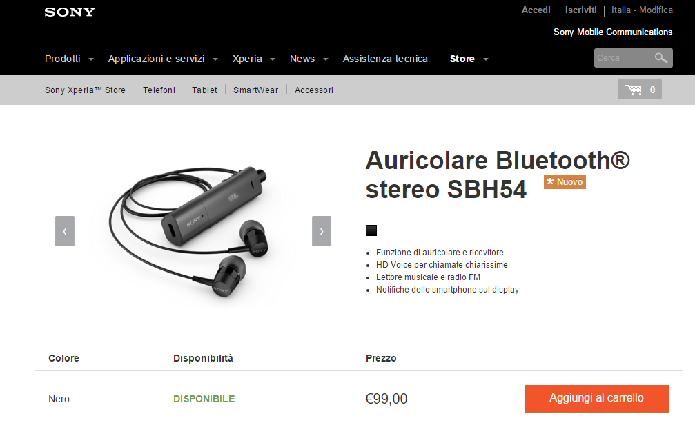 Sony Auricolare Bluetooth stereo SBH54 disponibile all'acquisto
