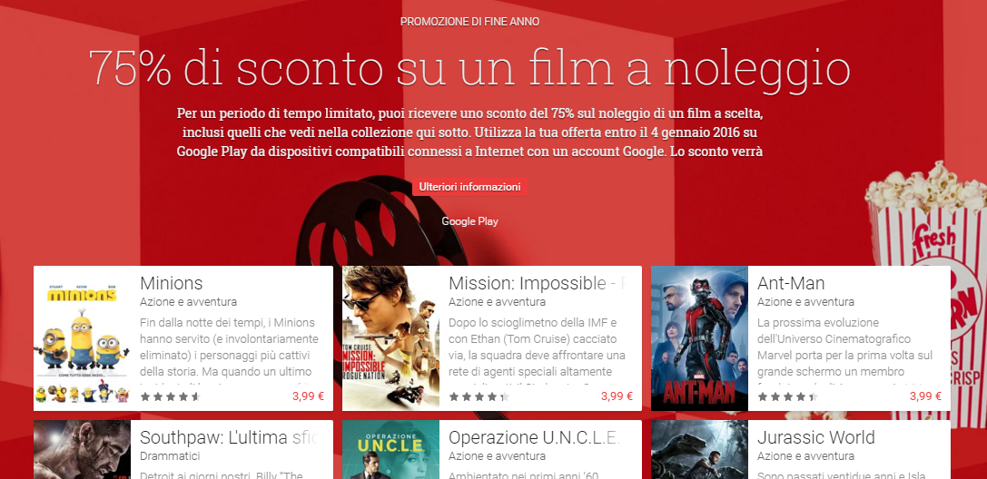 Google propone uno sconto del 75% sul noleggio dei film