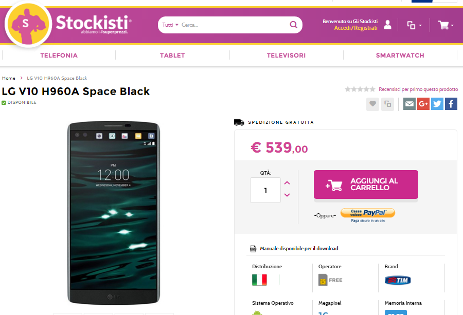 LG V10 disponibile a 539 euro da Stockisti