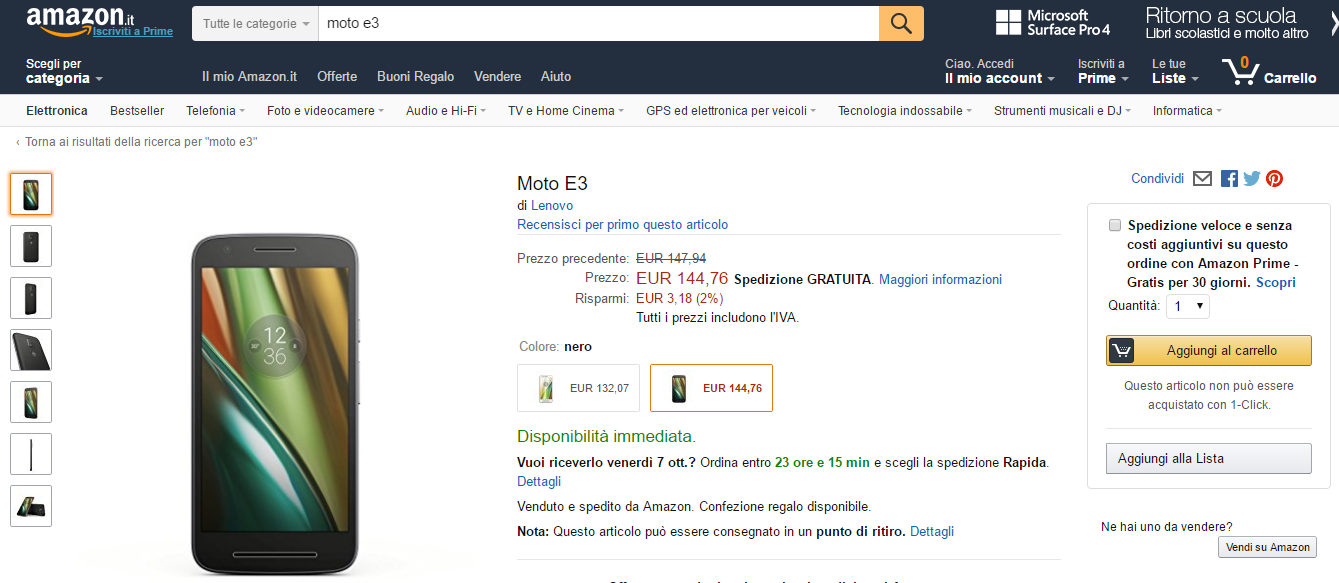 Lenovo Moto E3 disponibile su Amazon.it a 144 Euro