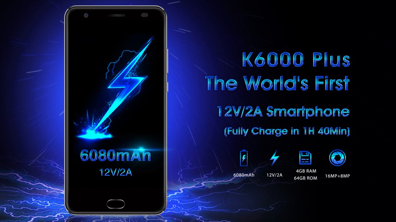 OUKITEL K6000 Plus ricarica la batteria da 6080 mAh in solo 100 minuti