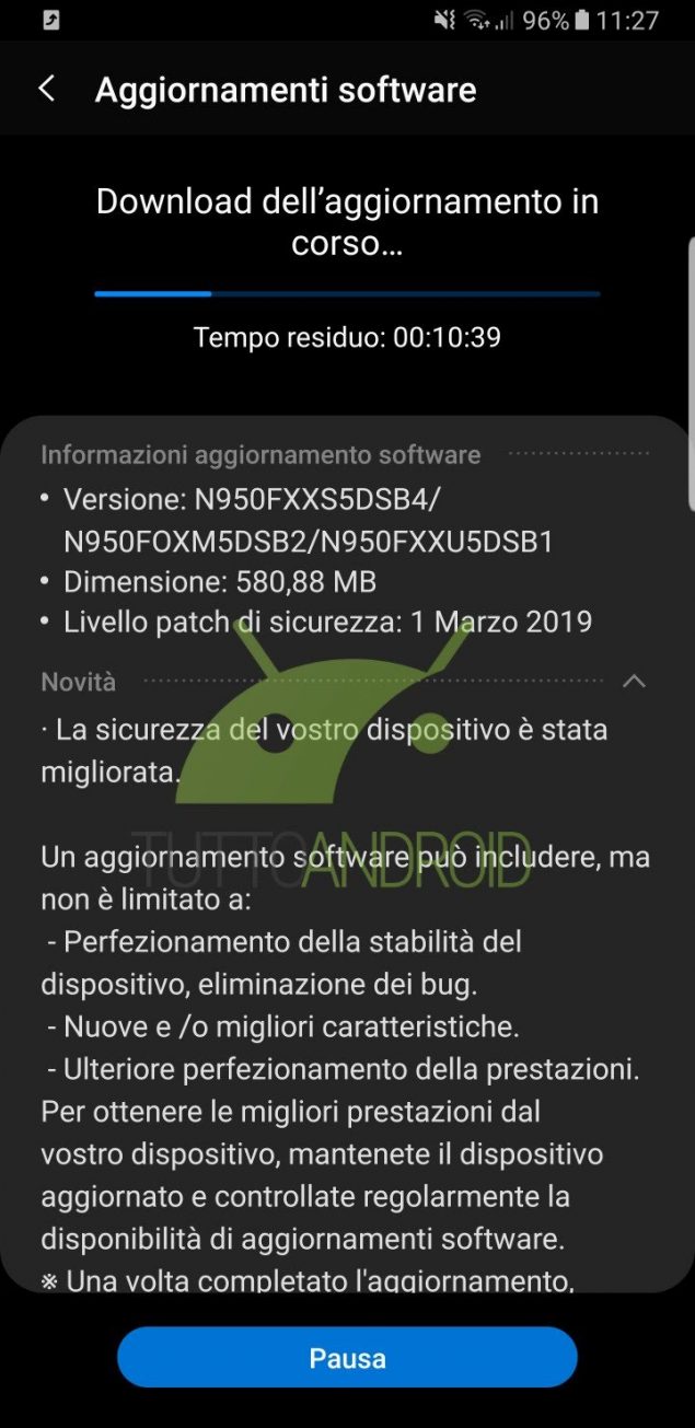 Samsung Galaxy Note 8 - patch di sicurezza marzo 2019