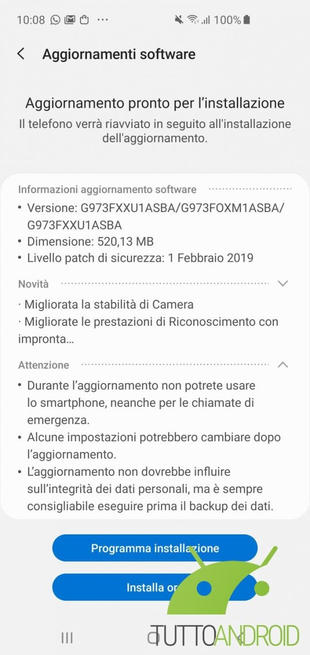 Samsung Galaxy S10 aggiornamento