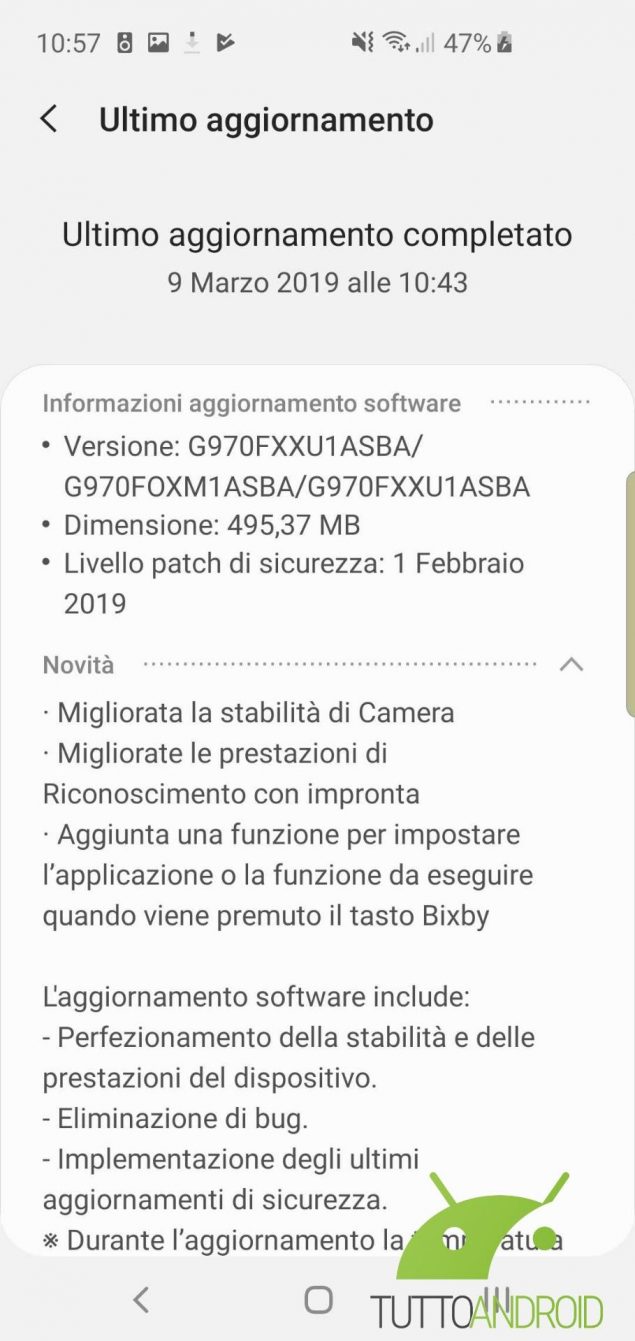 Samsung Galaxy S10e aggiornamento