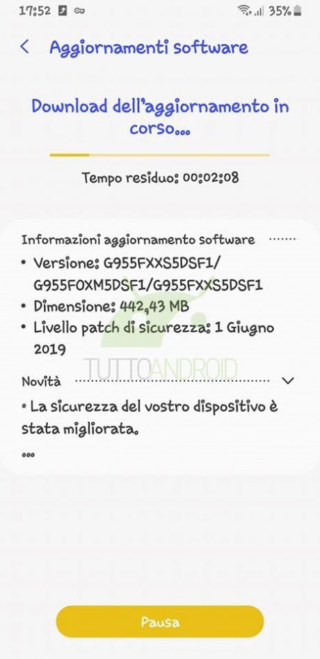 Samsung Galaxy S8 patch giugno19 2