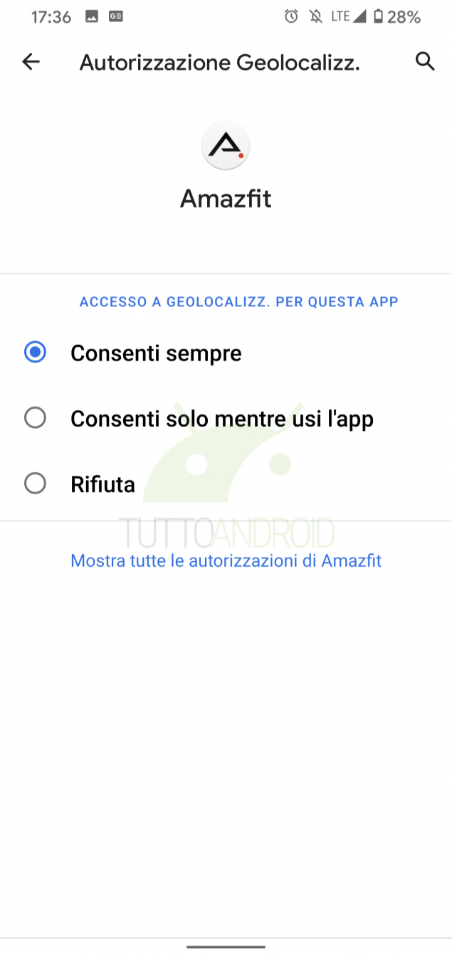 autorizzazione posizione Android 10