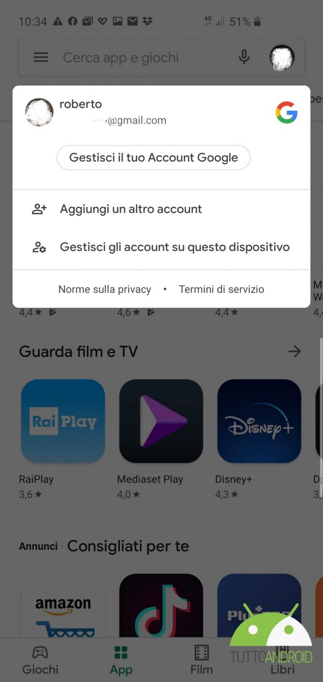Google Play Store nuovo switcher account