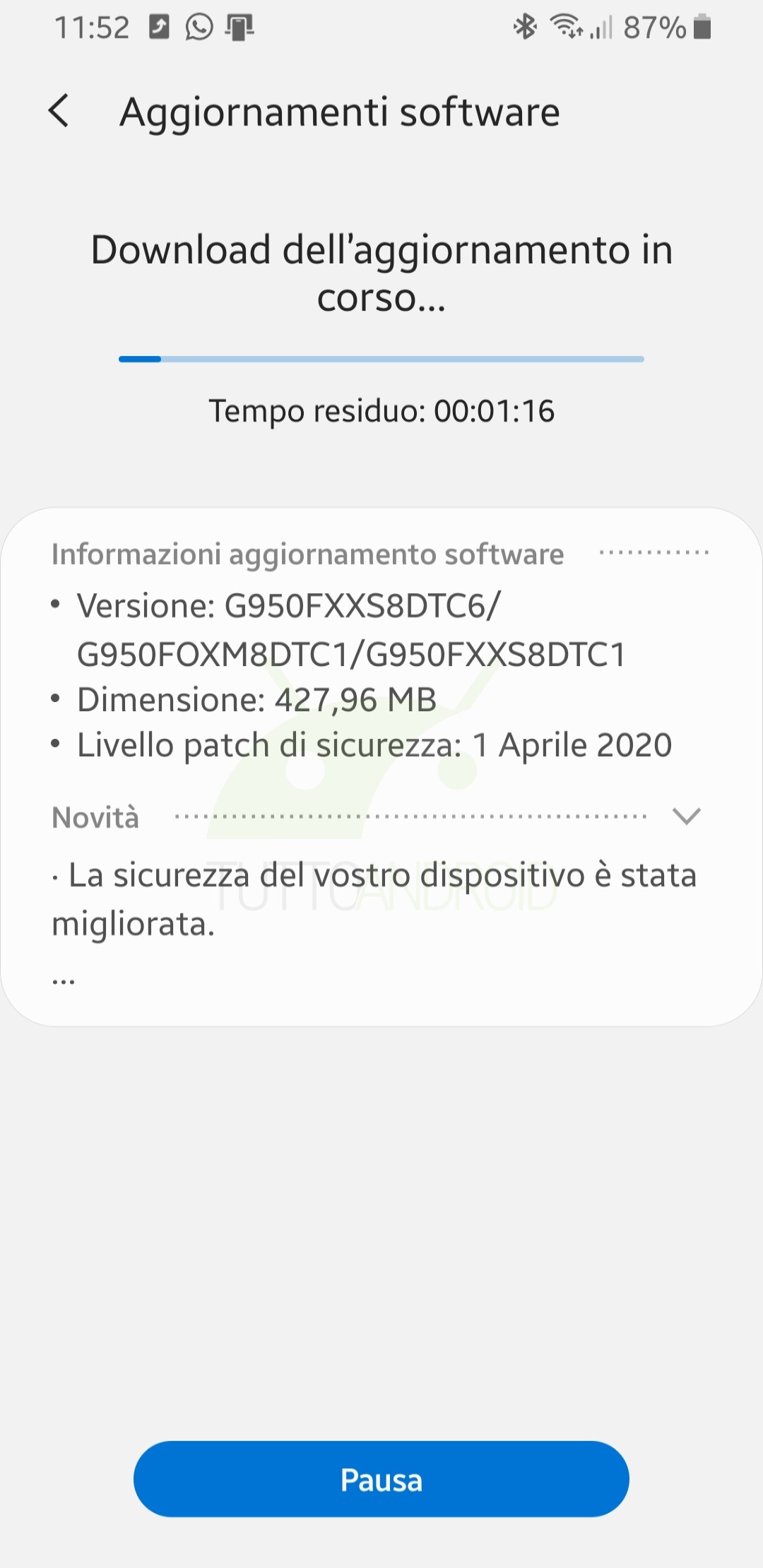 Samsung Galaxy S8 aggiornamento patch di sicurezza aprile 2020