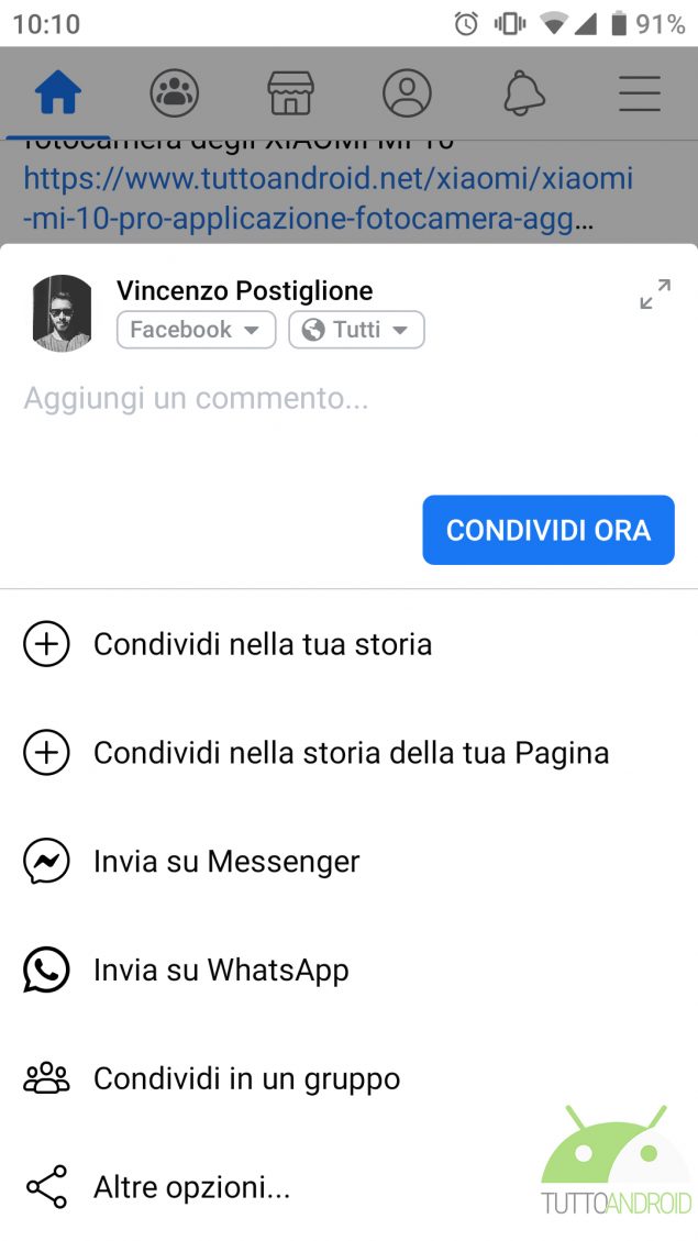 facebook invia su whatsapp tasto