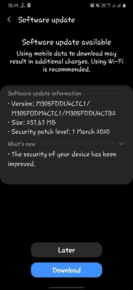 Samsung Galaxy M30 aggiornamento patch di sicurezza marzo 2020