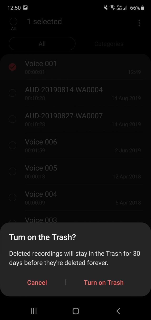 Samsung Voice Recorder cestino