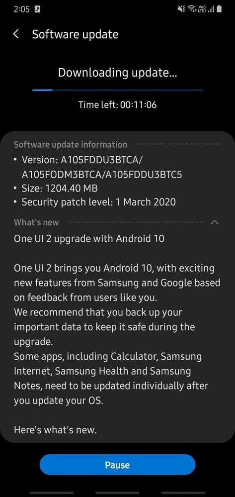 aggiornamento Android 10 Samsung Galaxy A10