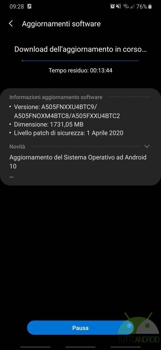 samsung galaxy a50 android 10 aggiornamento