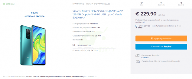 Redmi Note 9 prezzi Italia