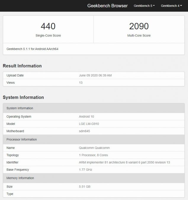 lg velvet 4g snapdragon 845 scheda tecnica leak