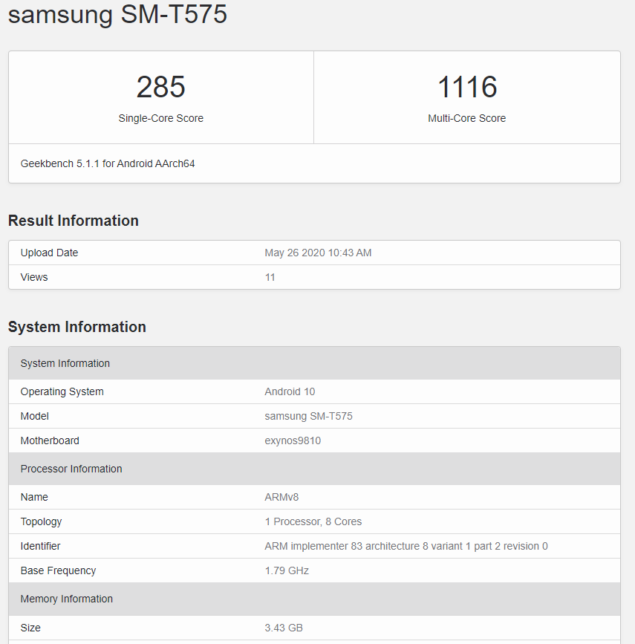 Samsung Galaxy Tab A SM-T575 geekbench