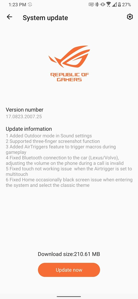 changelog aggiornamento ASUS ROG Phone 3