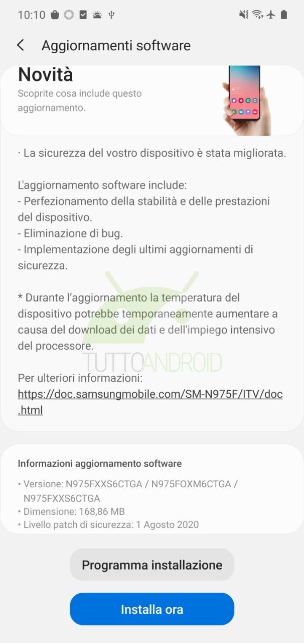 aggiornamento Samsung Galaxy Note 10+ patch di agosto 2020