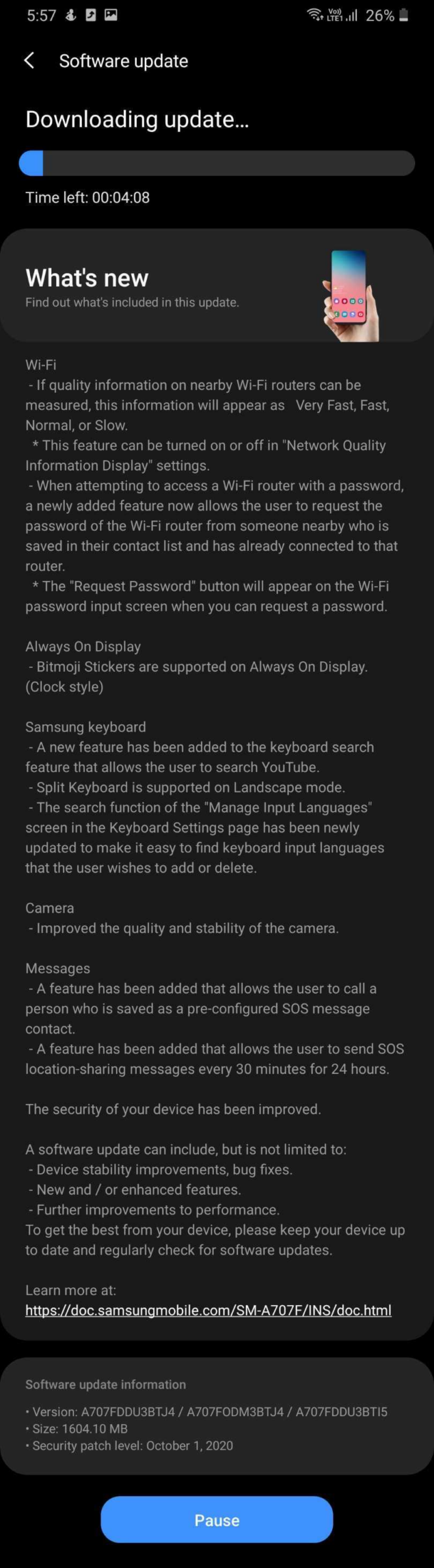 aggiornamento Samsung Galaxy A70s