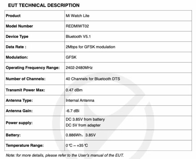 xiaomi mi watch lite render fcc