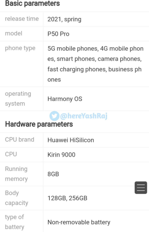 huawei p50 pro scheda tecnica rumor