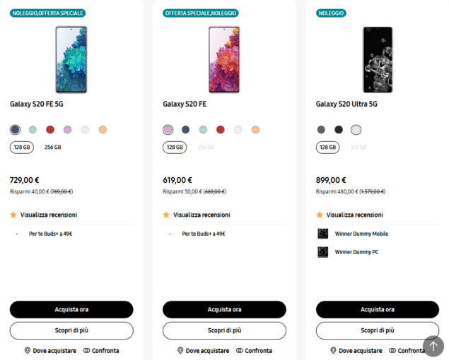 samsung galaxy s20 non disponibile shop ufficiale