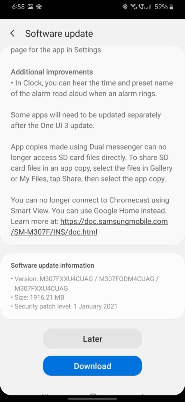 aggiornamento Samsung Galaxy M30s Android 11