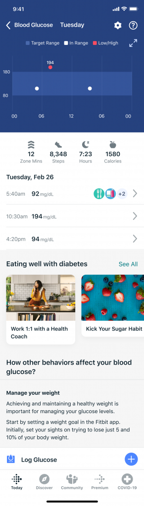 fitbit app livello glucosio tracking