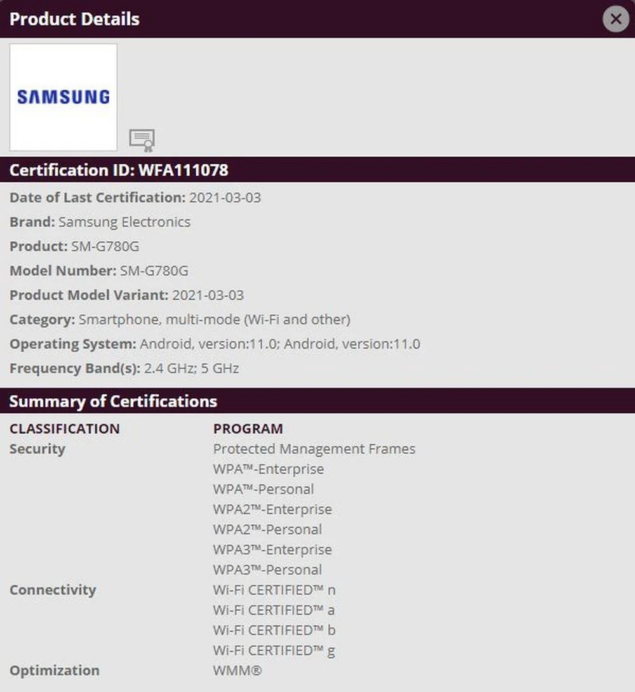 Samsung Galaxy S20 FE Wi-Fi Alliance SM-G780G