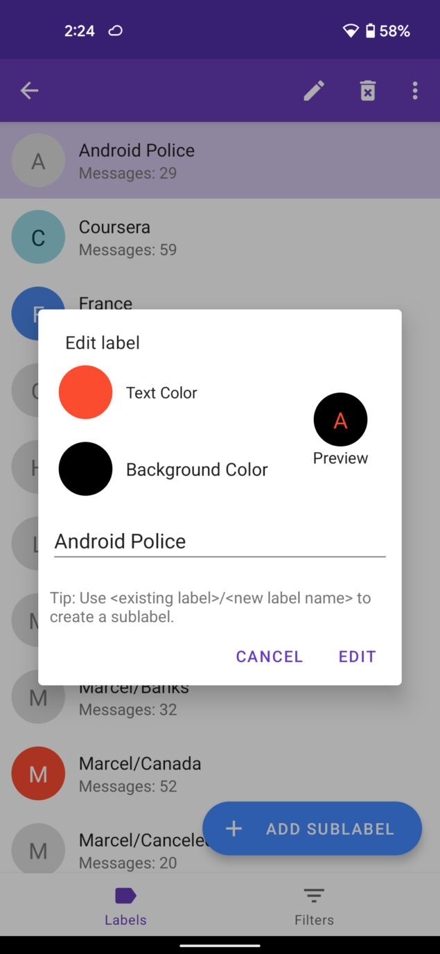 gmail etichette app android elabels