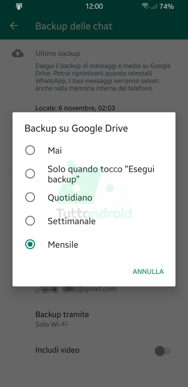 come fare backup WhatsApp