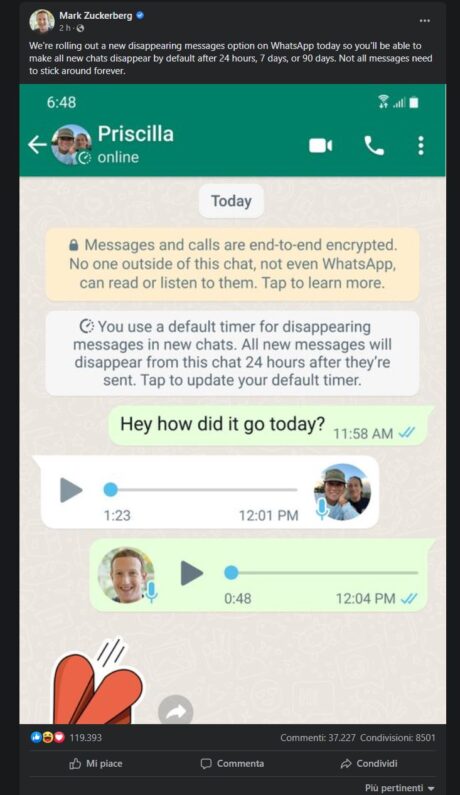 Mark Zuckerberg messaggi effimeri whatsapp