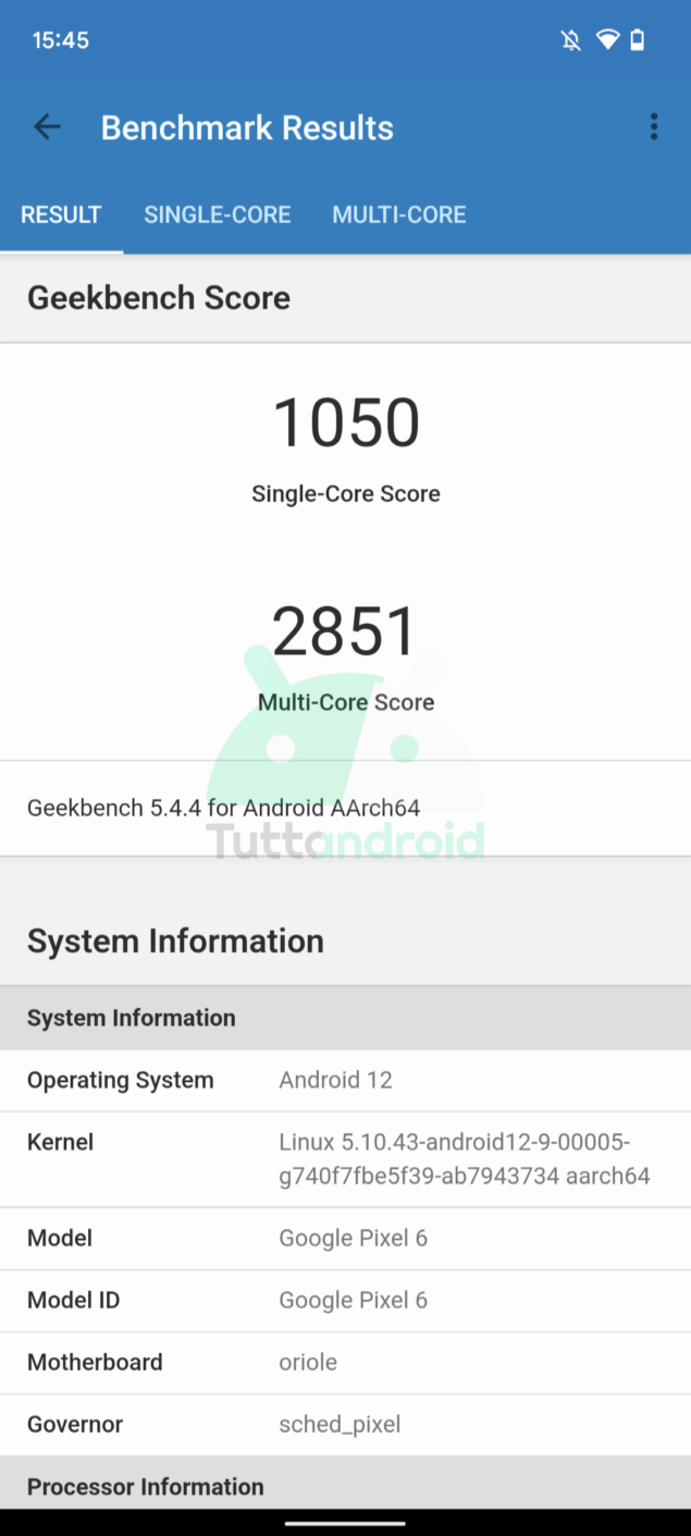 Geekbench Google Pixel 6 Tensor