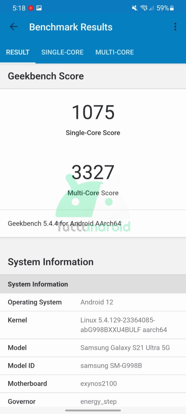 Geekbench Samsung Galaxy S21 Ultra Exynos 2100