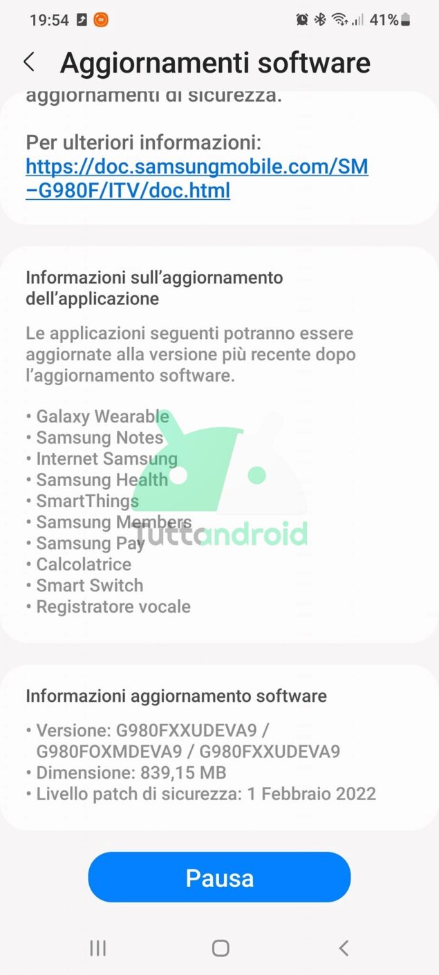 aggiornamento Samsung Galaxy S20 patch febbraio 2022