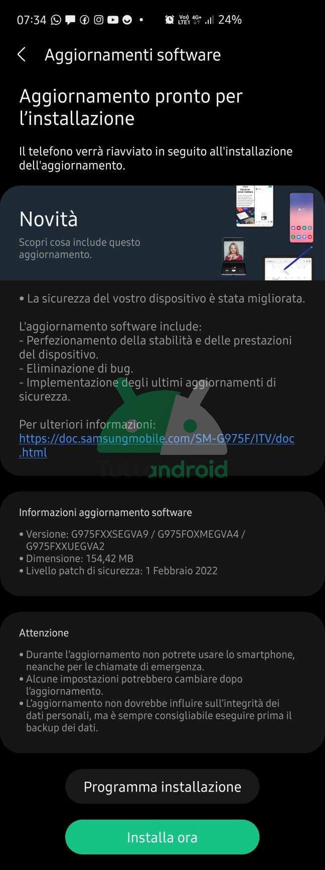 Samsung Galaxy S10 aggiornamento patch di sicurezza febbraio 2022