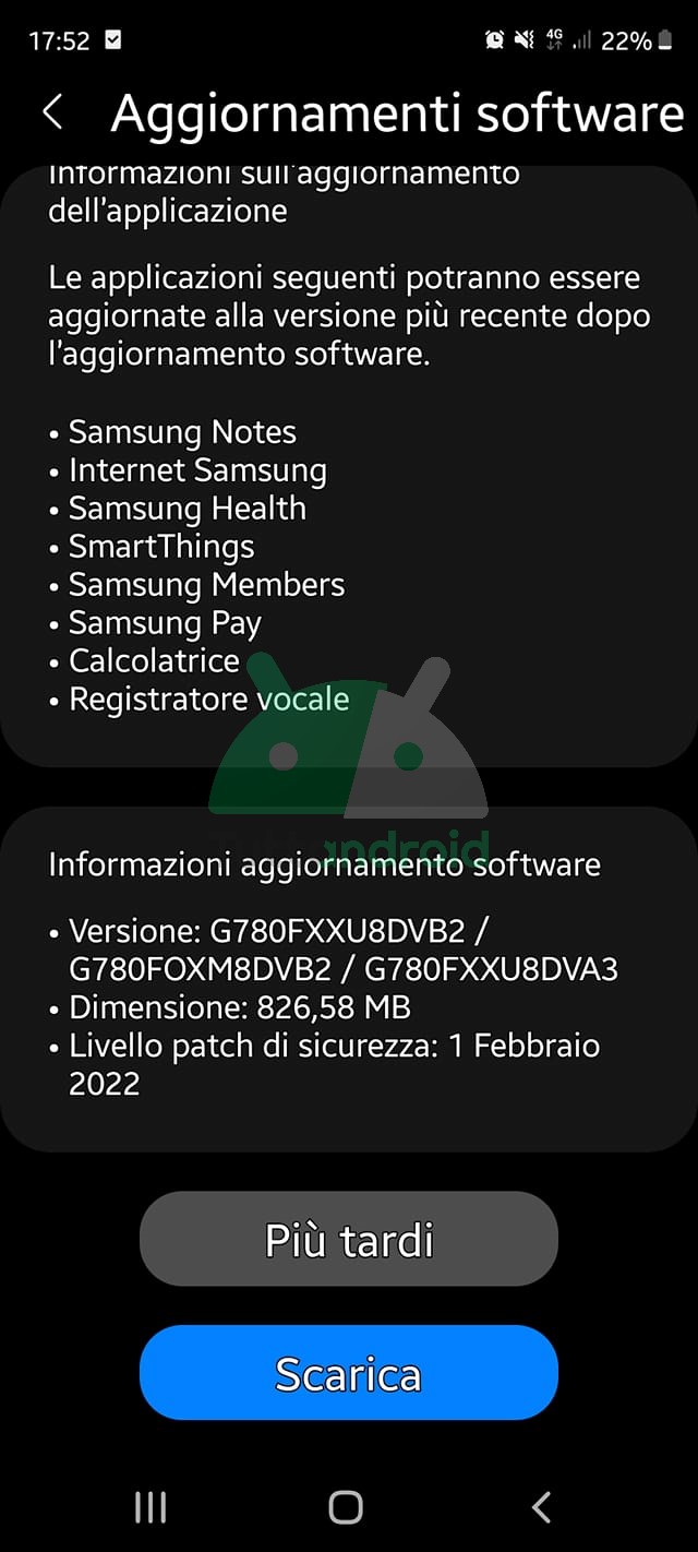 Samsung Galaxy S20 FE patch di sicurezza febbraio 2022