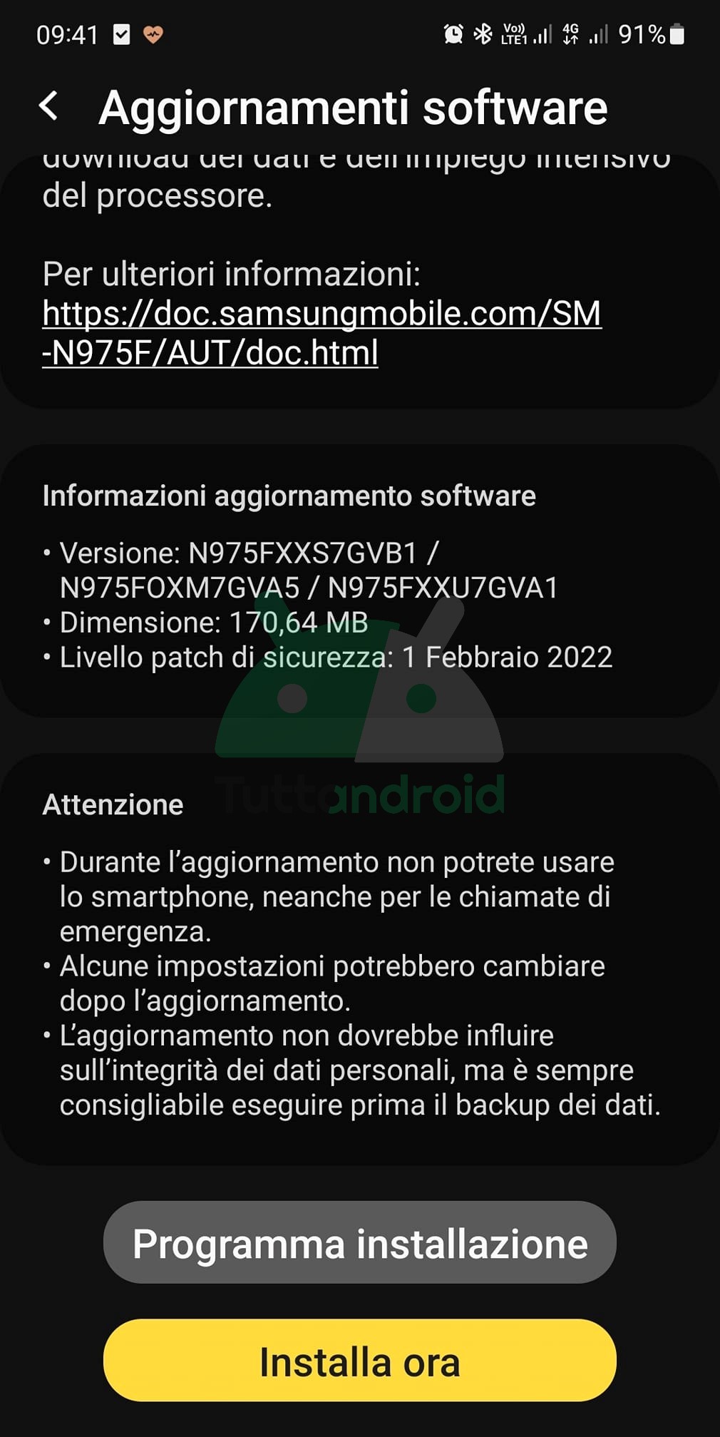 Samsung Galaxy Note 10+ aggiornamento patch di sicurezza febbraio 2022