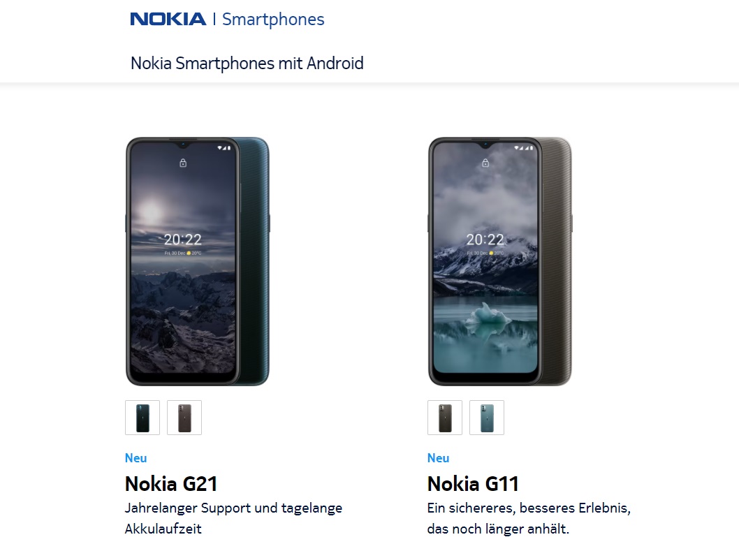 Una schermata dal sito ufficiale di Nokia in Germania