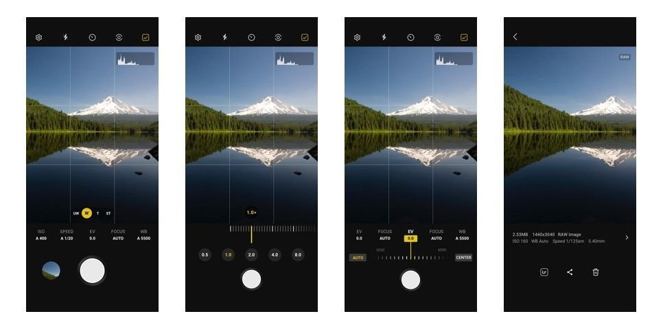 Una serie di screenshot dell'app Expert RAW di Samsung
