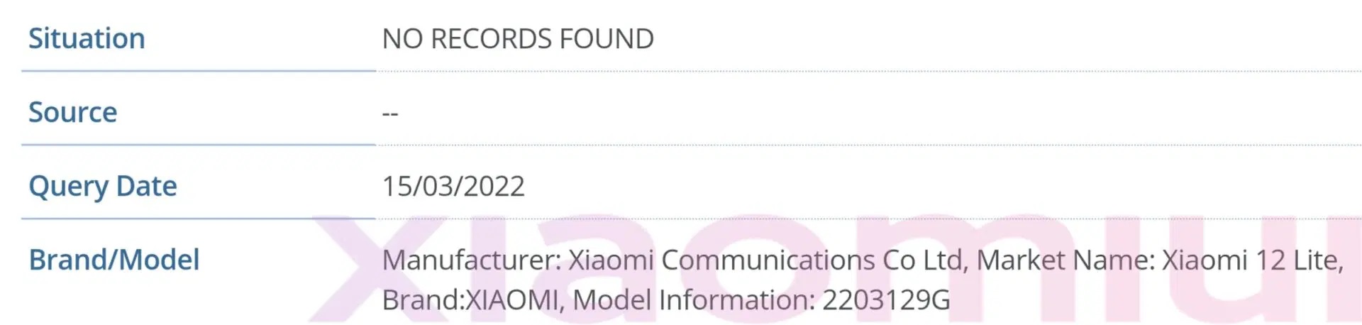 Il passaggio dello Xiaomi 12 Lite sul database IMEI