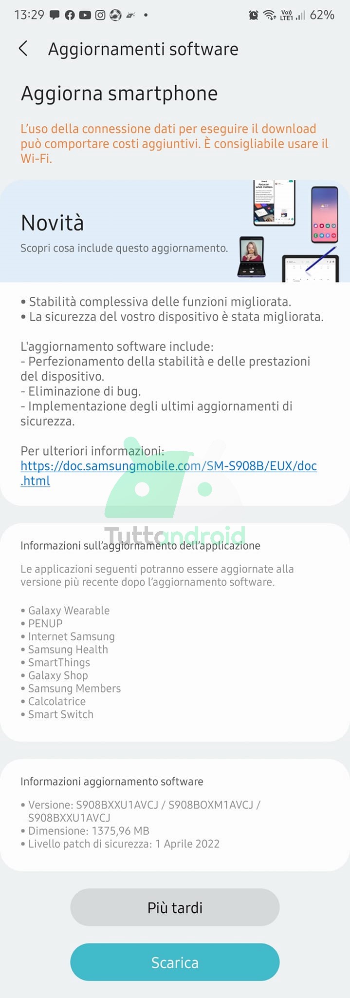 Samsung Galaxy S22 aggiornamento patch di sicurezza aprile 2022