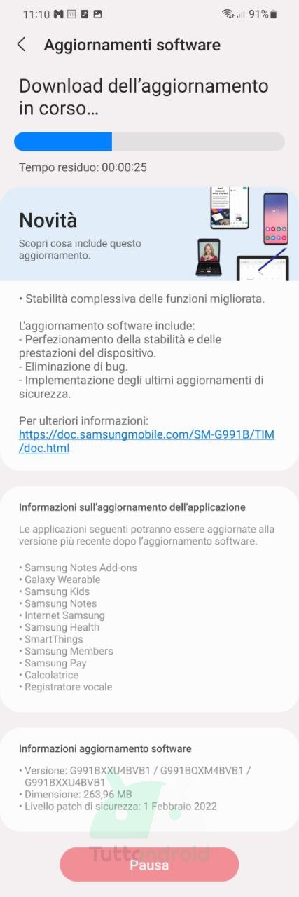 Samsung Galaxy S21 aggiornamento patch di sicurezza febbraio 2022