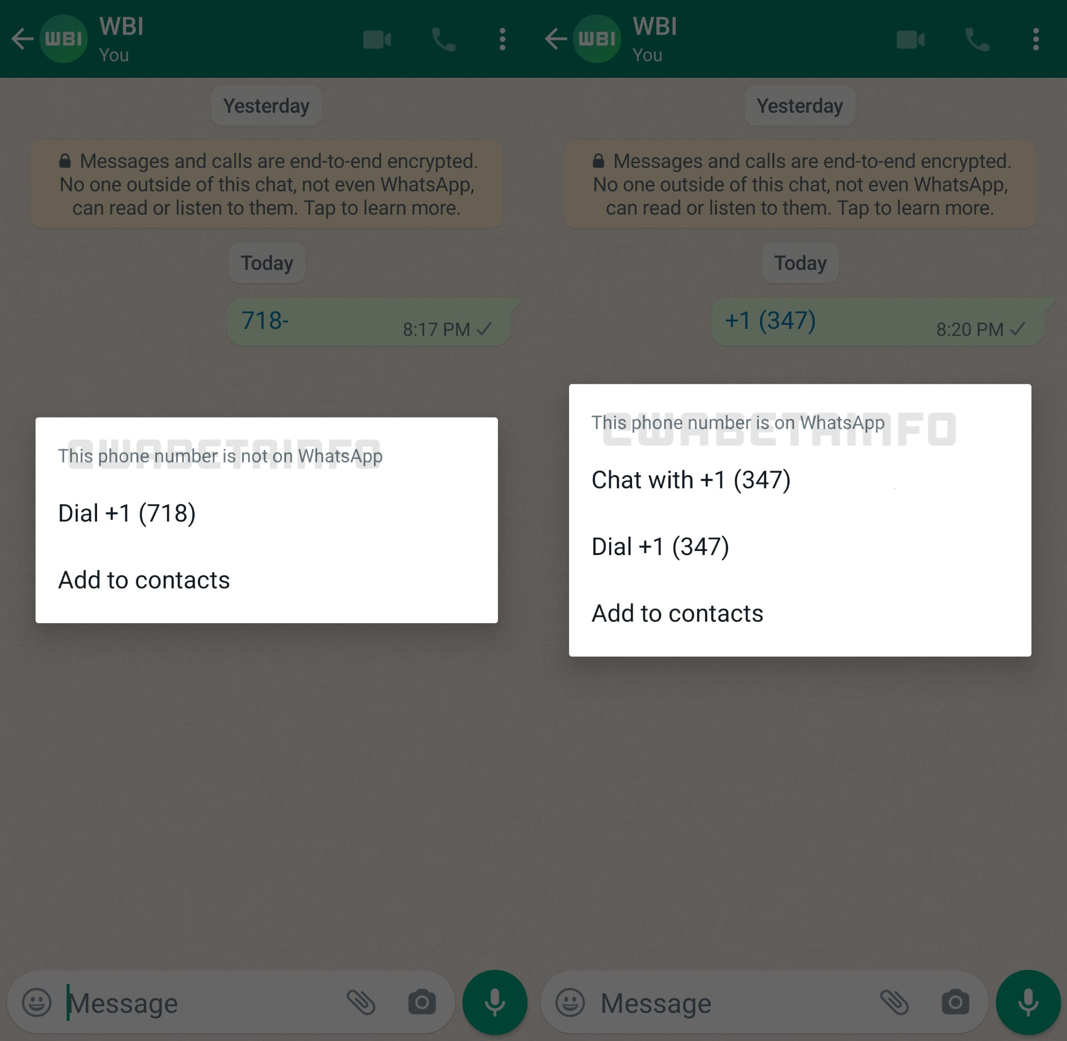 I nuovi menu per l'interazione coi numeri di telefono in WhatsApp Beta 2.22.8.11