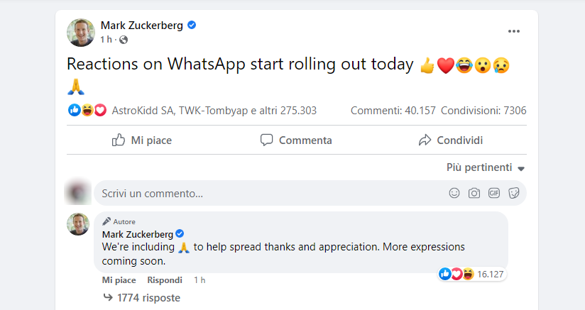 annuncio reazioni su WhatsApp Mark Zuckerberg