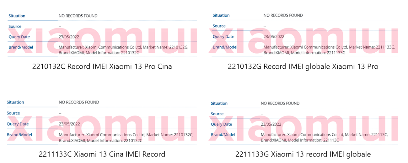 Xiaomi 13 e Xiaomi 13 Pro sul database IMEI