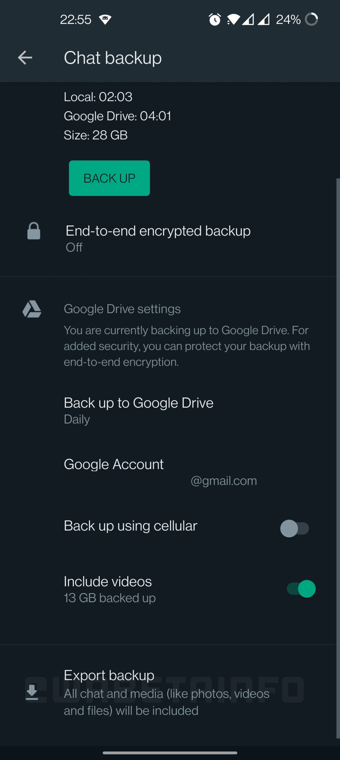 whatsapp beta esportazione backup google drive