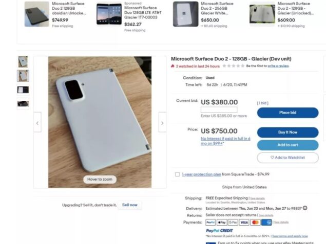 La schermata dell'inserzione eBay dell'unità per sviluppatori di Cronos, il Microsoft Surface Duo 2 Lite mai nato