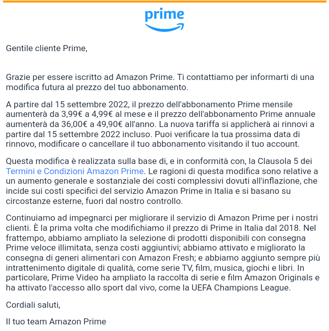 comunicazione aumento Amazon Prime